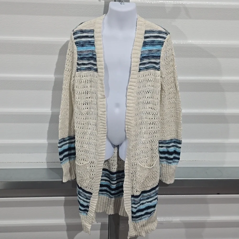 Justice Blue and White Crocheted‎ Style Long Sweater Size 10